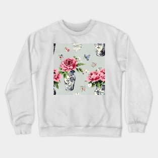 Peonies in chinoiserie jars on duck egg background Crewneck Sweatshirt